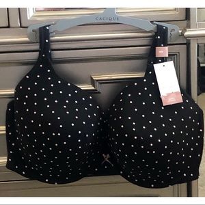 NWT Cacique Bra Cotton Boost Plunge Underwire Bra Size 40G Black White Polka Dot